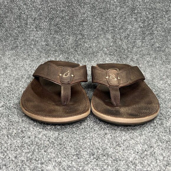 OluKai NUI Flip Flops Men's Size 10 Brown Leather Outdoor Beach Thong Sandals - Picture 2 of 11